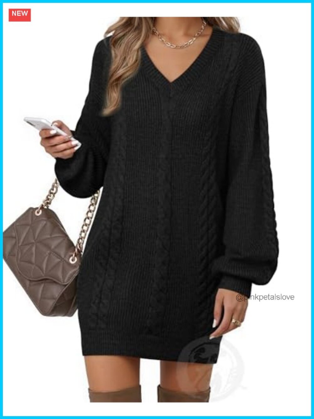 Women's V Neck Lantern Sleeve Knit Mini Sweater Dress Casual Fall